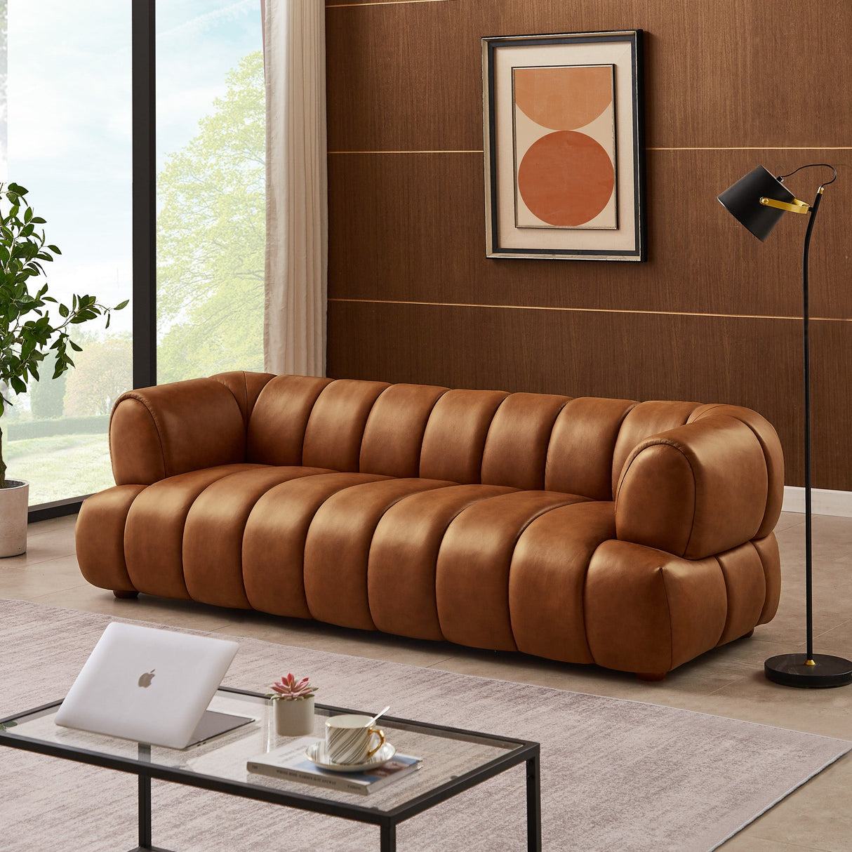 Jasmin Mid-Century Modern Cognac Genuine Leather Sofa by Ashcroft Furniture at Eve Furniture