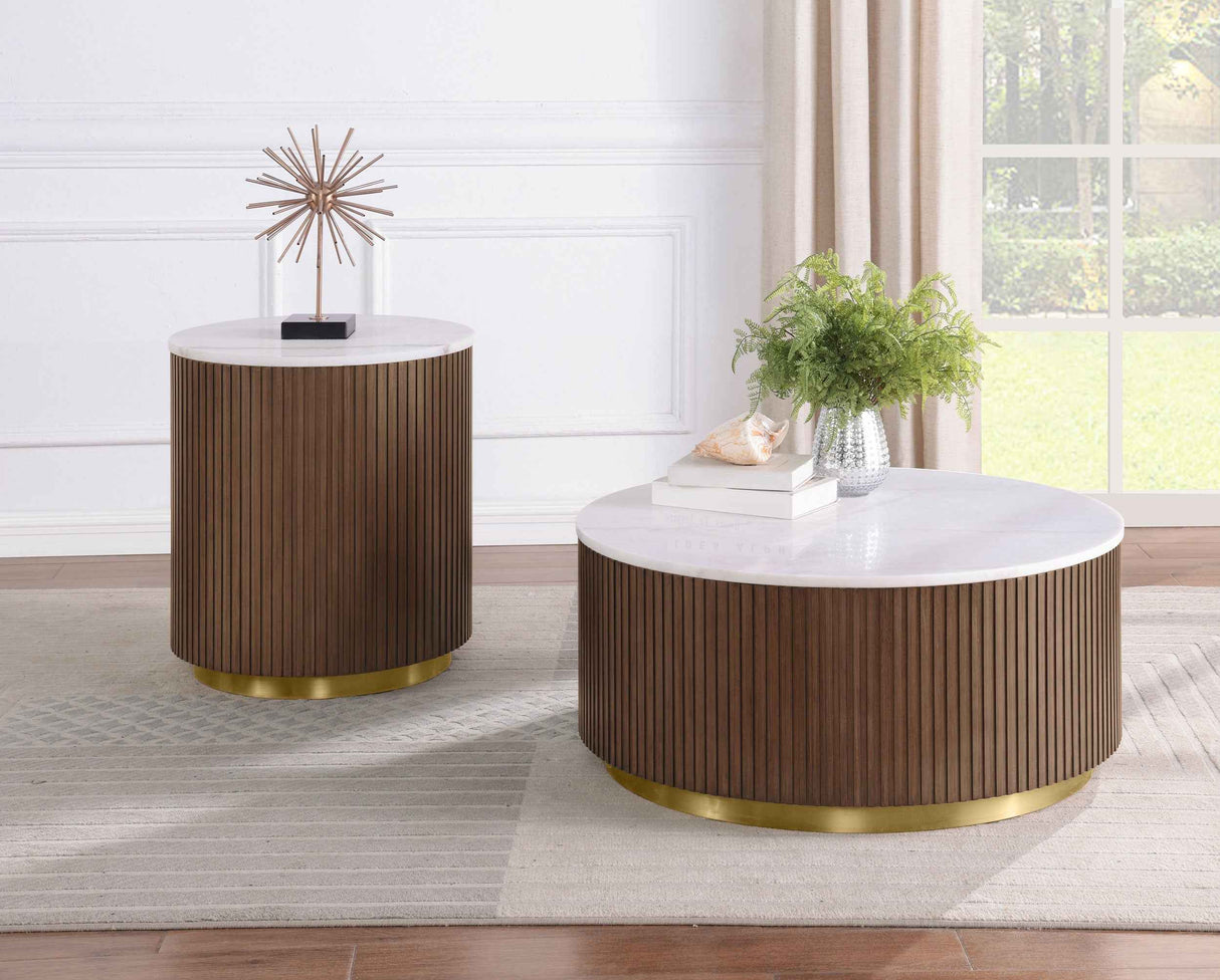 Jason Honey Brown Round White Marble Top Coffee Table by Coaster at Eve Furniture