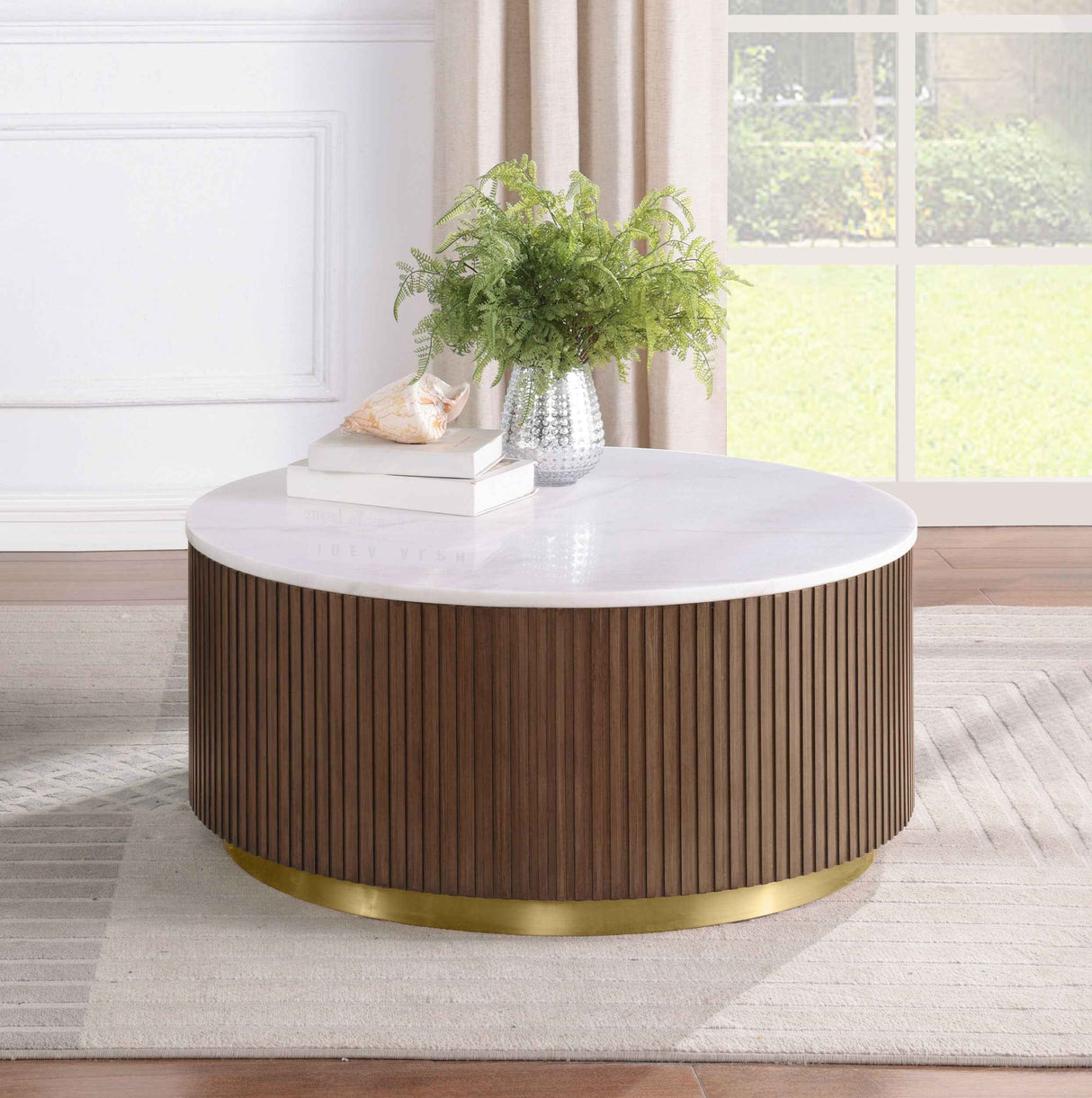 Jason Honey Brown Round White Marble Top Coffee Table by Coaster at Eve Furniture