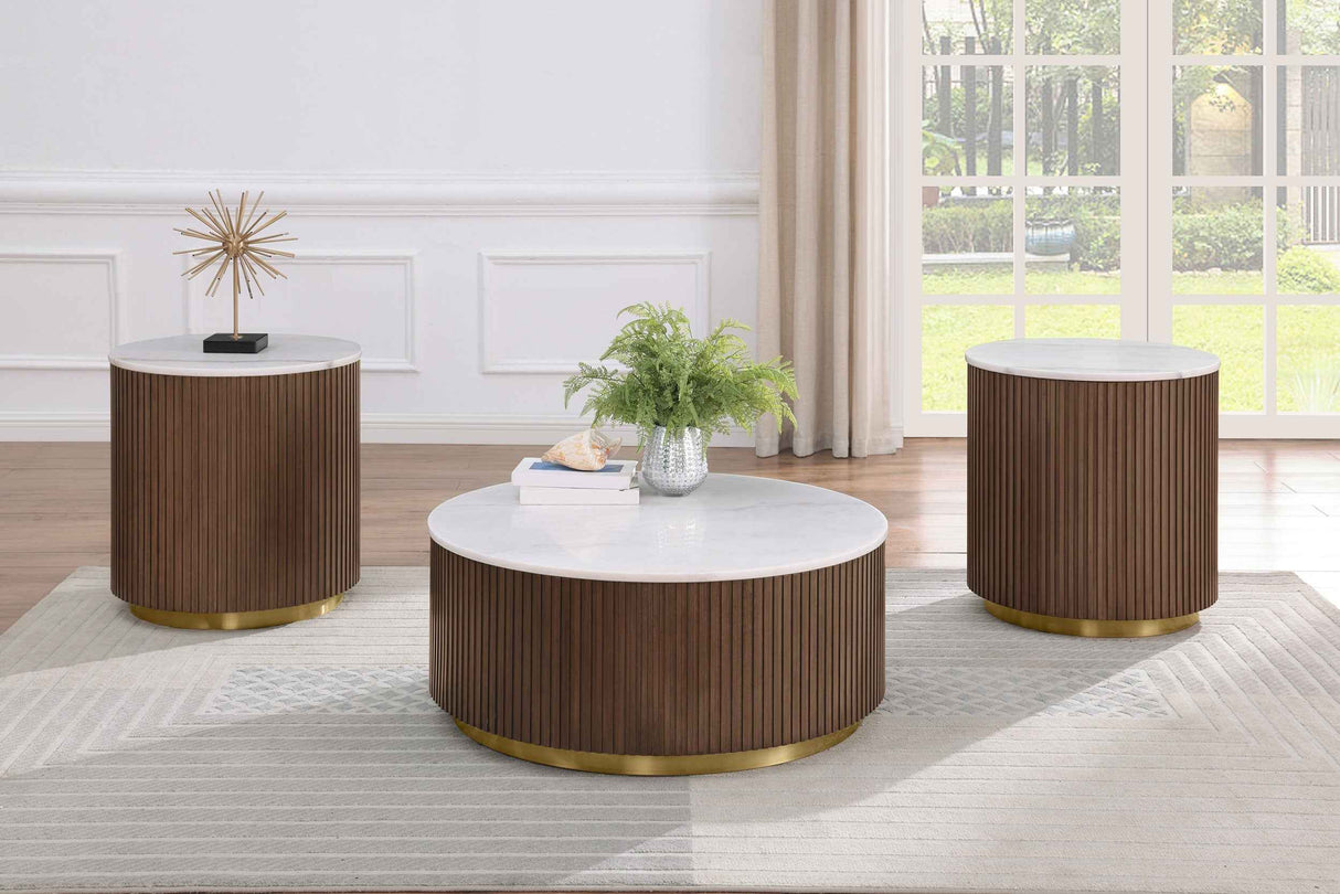 Jason Honey Brown/White Marble 3-piece Round White Marble Coffee Table Set by Coaster at Eve Furniture
