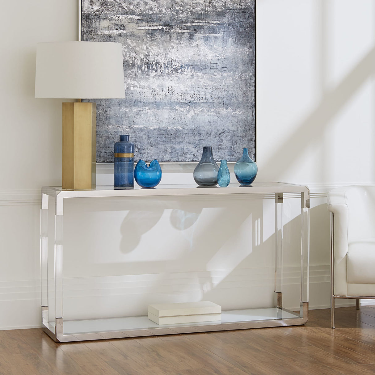 Jasper Console Table in Acrylic/White Glass/PSS by Modus Furniture at Eve Furniture