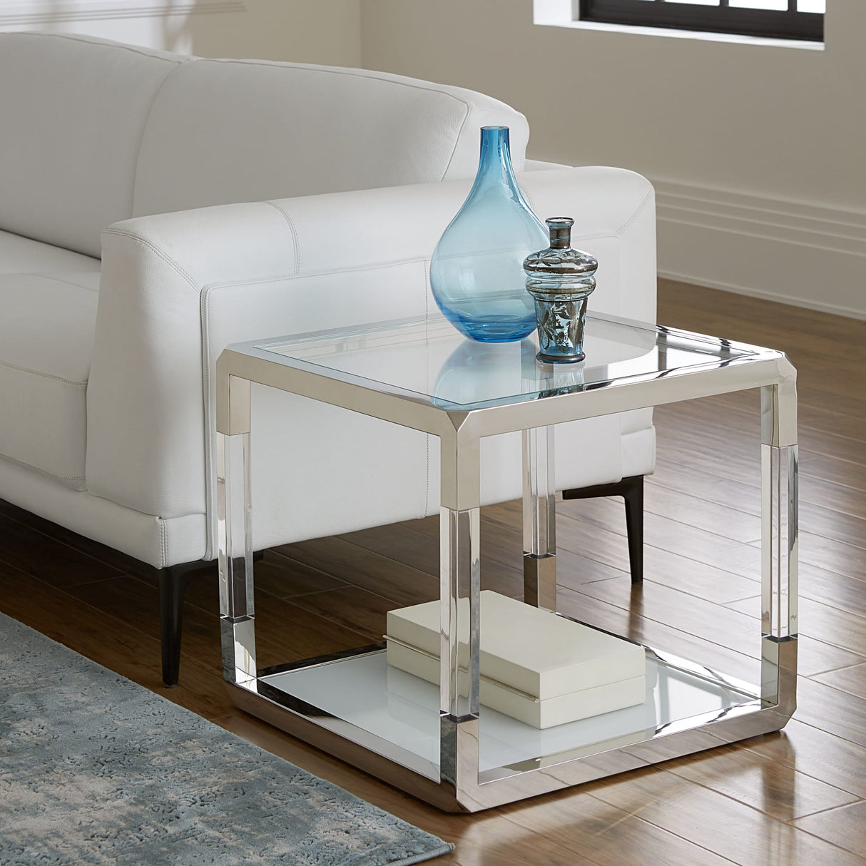 Jasper End Table in Acrylic/White Glass/PSS by Modus Furniture at Eve Furniture