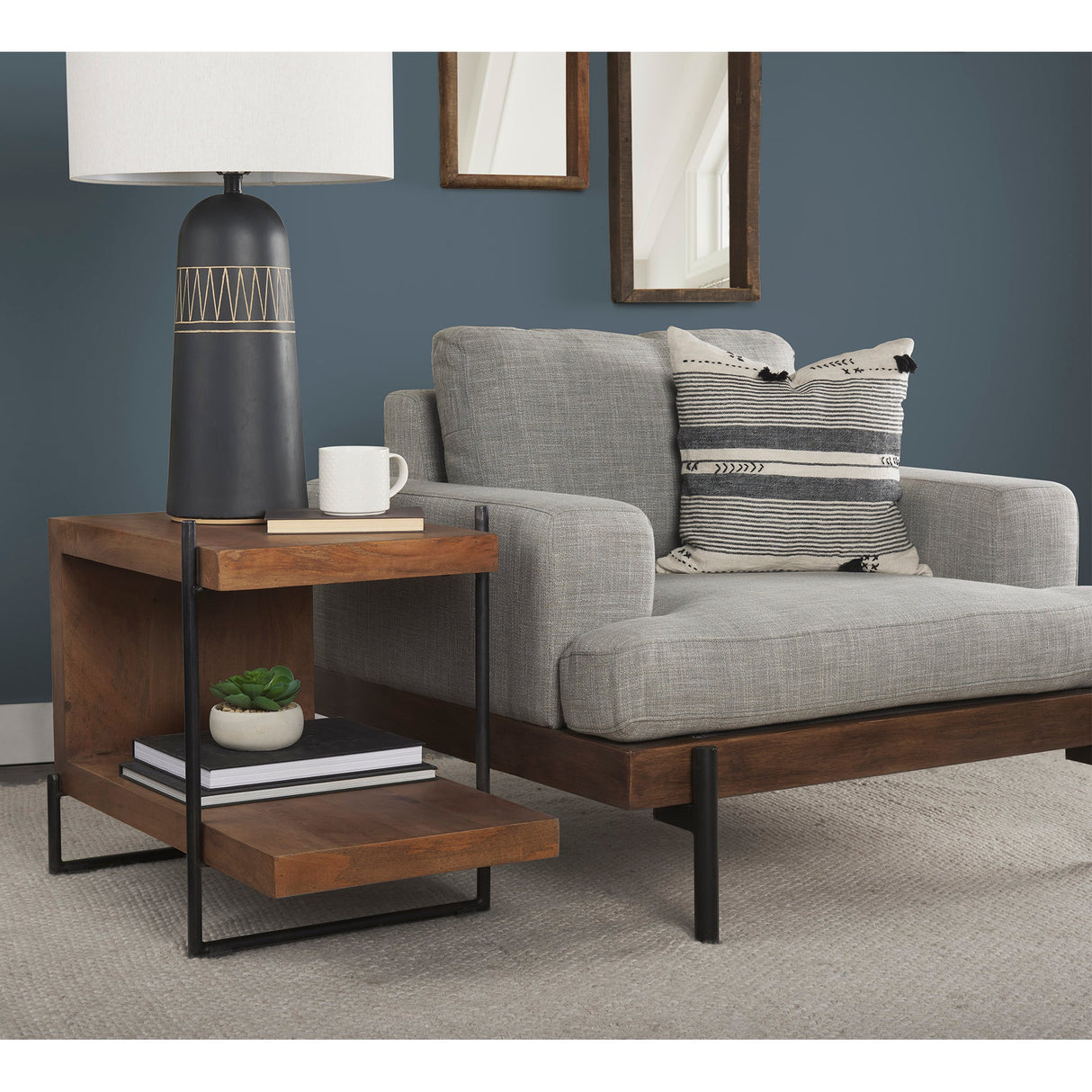 Javier 18.0L x 18.0W x 30.75H Black Base W/Cream Fabric Shade Table Lamp by Mercana at Eve Furniture