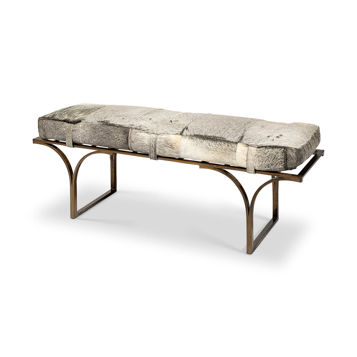 Jessie White/Gray Hair-On-Hide Seat W/Gold Metal Base Accent Bench by Mercana at Eve Furniture