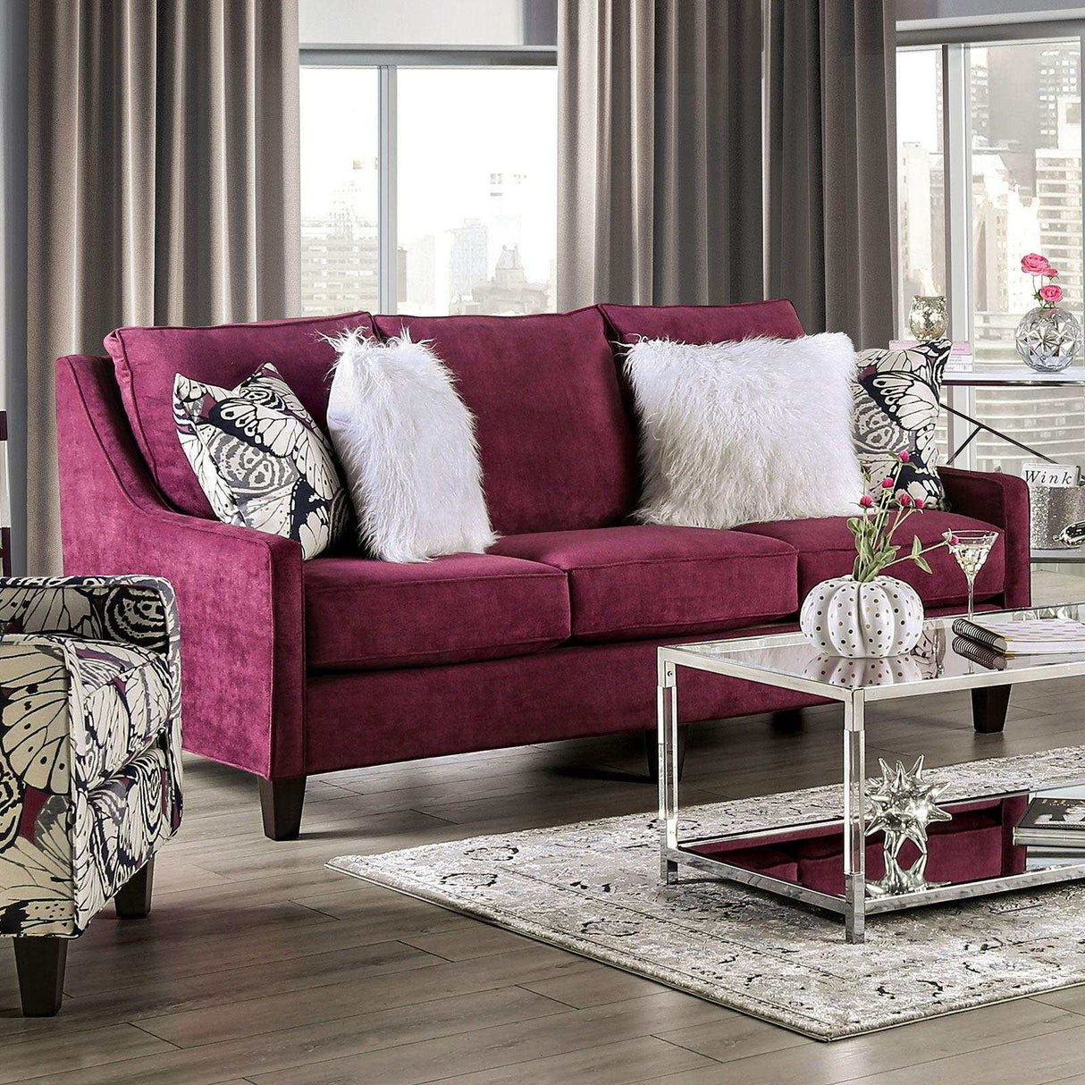Jillian Plum Stationary Sofa & Loveseat by Furniture of America at Eve Furniture