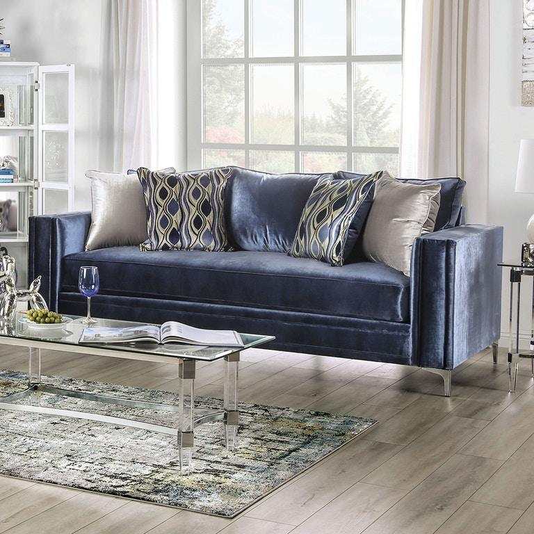 Jodie Satin Blue & Silver Stationary Sofa & Loveseat by Furniture of America at Eve Furniture