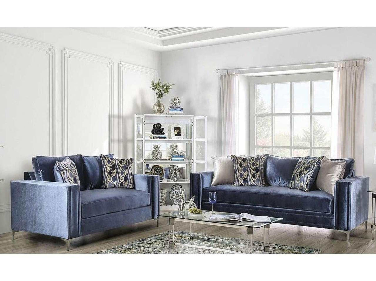 Jodie Satin Blue & Silver Stationary Sofa & Loveseat by Furniture of America at Eve Furniture