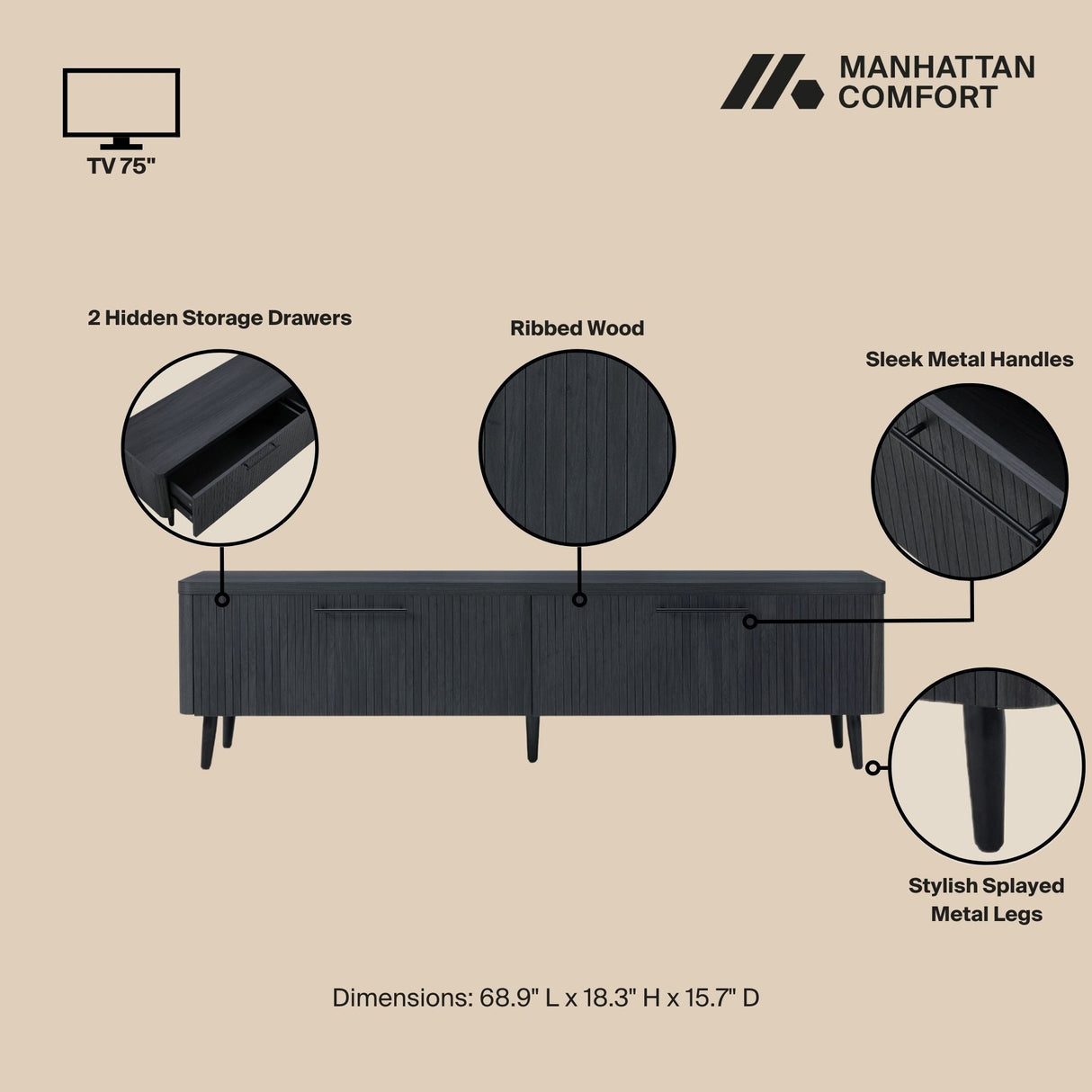 Jodie TV Stand in Charcoal Grey by Manhattan Comfort at Eve Furniture