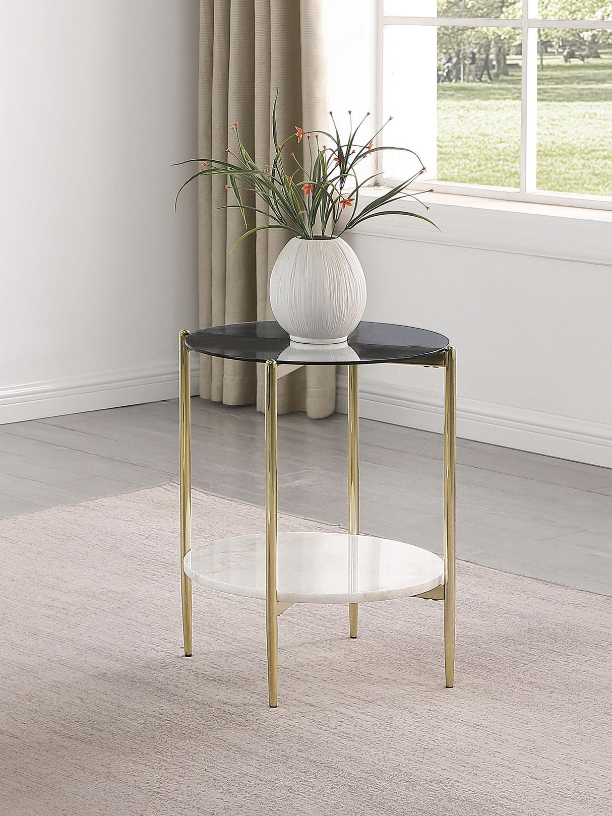 Jonelle Gold Round Glass Top End Table White Marble Shelf by Coaster at Eve Furniture