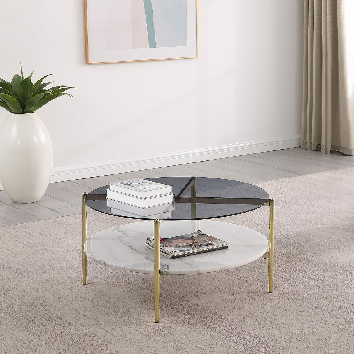 Jonelle Round Glass Top Coffee Table White Marble Shelf Gold by Coaster at Eve Furniture