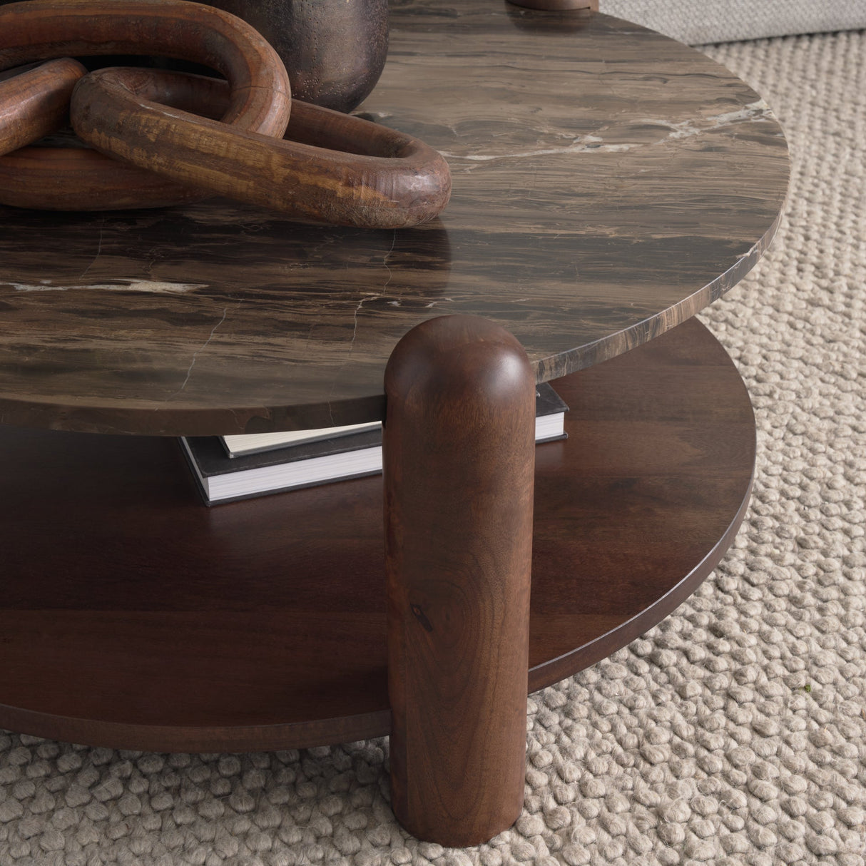 Jovia Brown Mango Wood W/ Cappuccino Marble Round Coffee Table by Mercana at Eve Furniture