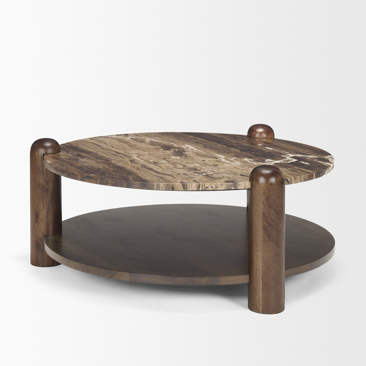 Jovia Brown Mango Wood W/ Cappuccino Marble Round Coffee Table by Mercana at Eve Furniture