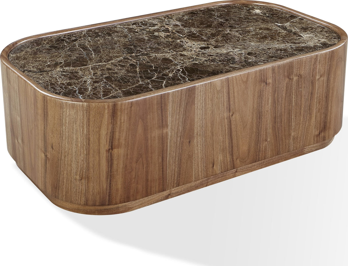 Juba Mongoose Natural Marble and Walnut Coffee Table with Casters by Modus Furniture at Eve Furniture