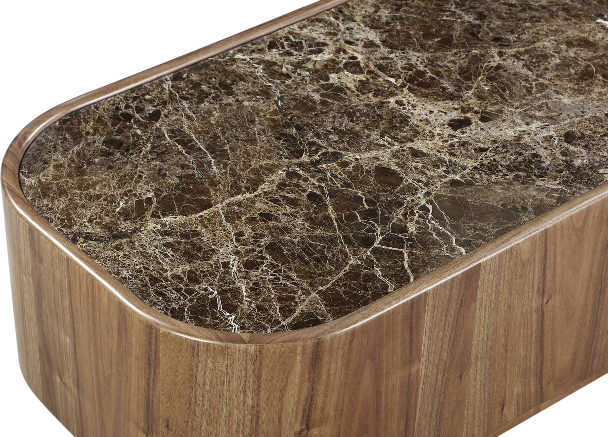 Juba Mongoose Natural Marble and Walnut Coffee Table with Casters by Modus Furniture at Eve Furniture