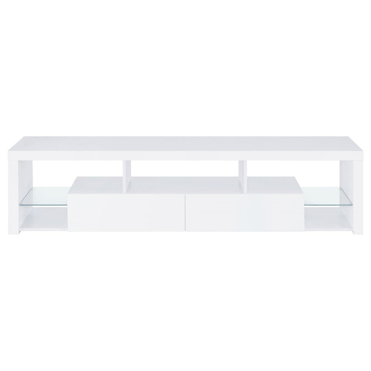 Jude White High Gloss 2-drawer 71" TV Stand With Shelving by Coaster at Eve Furniture