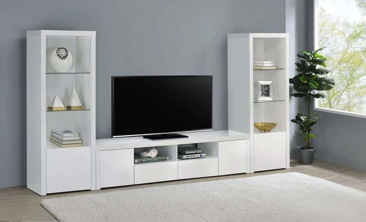 Jude White High Gloss 3-shelf Media Tower With Storage Cabinet by Coaster at Eve Furniture