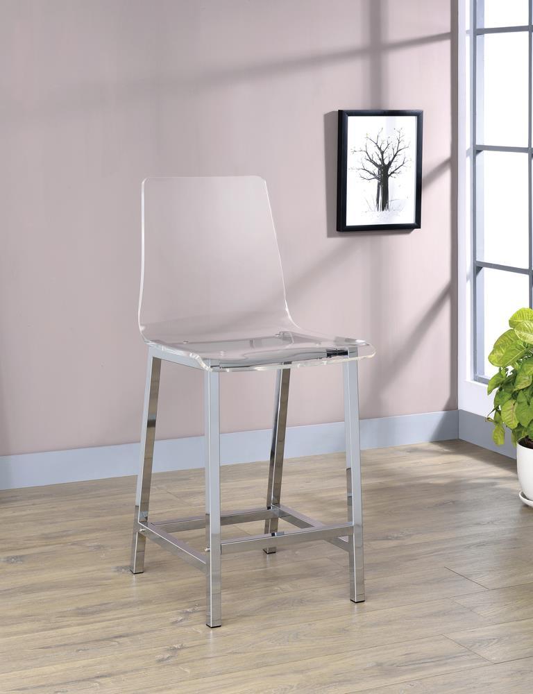 Juelia Chrome/Clear Acrylic Counter Height Stools, Set of 2 by Coaster at Eve Furniture