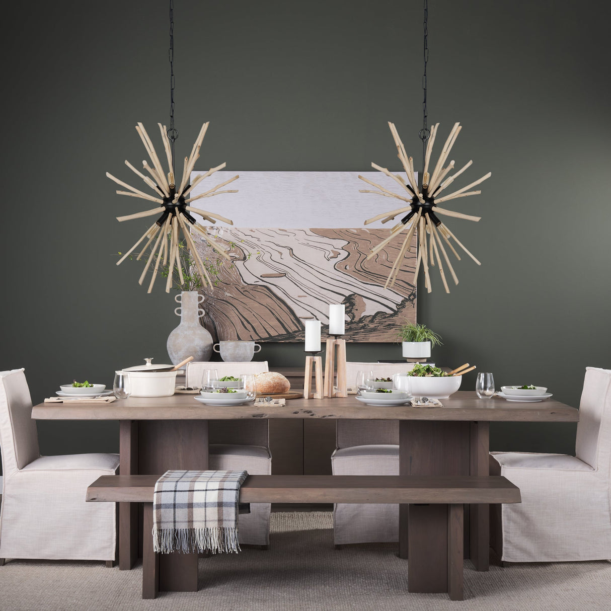 Jules 25x25 Blonde Wood and Black Metal Six Bulb Chandelier Light by Mercana at Eve Furniture