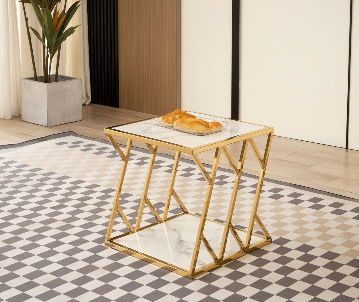 Julie Off White Marble Table Set with Metal Base
