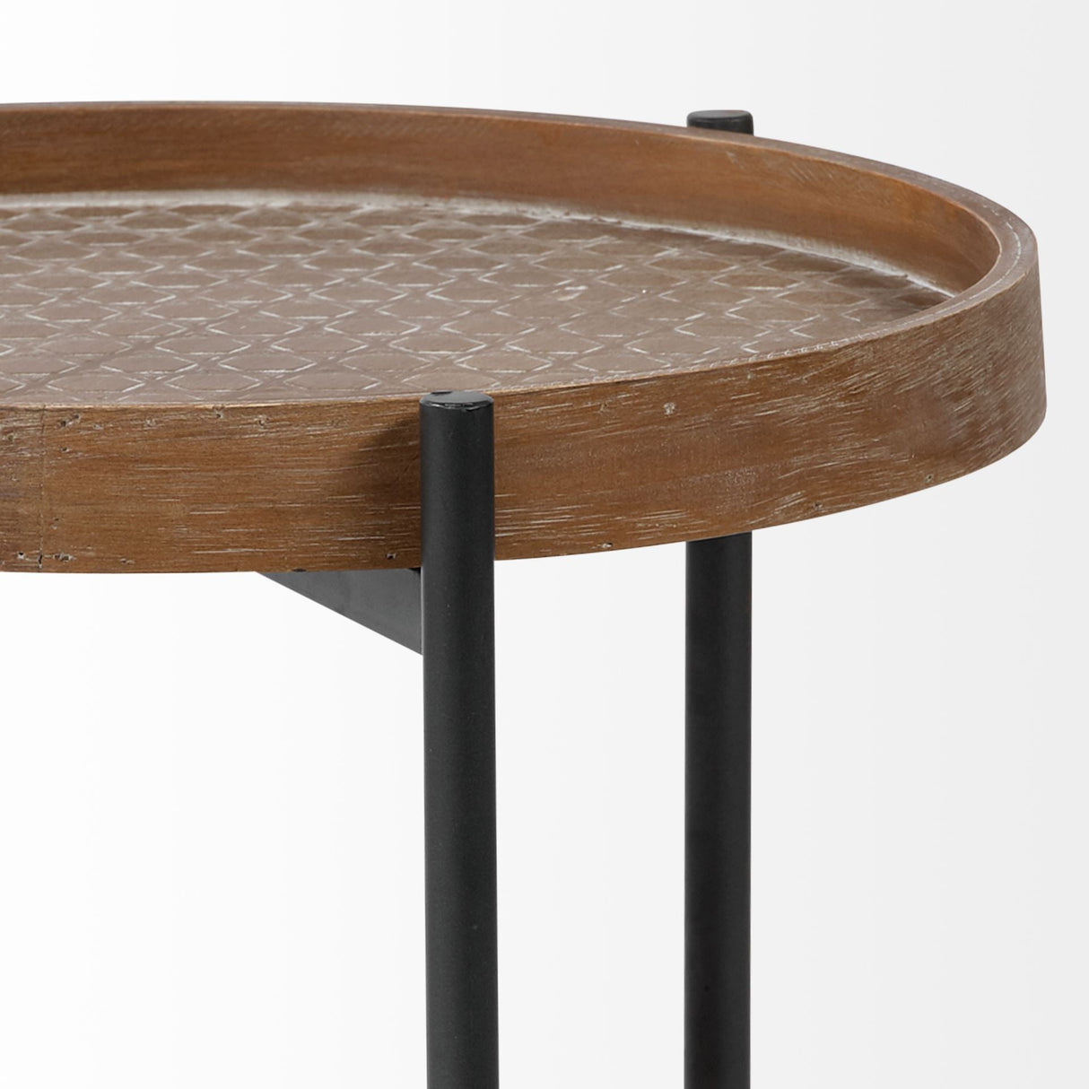 Kade III Round Top Natural Brown Wood and Gray Metal Frame Tray-Style End/Side Table by Mercana at Eve Furniture