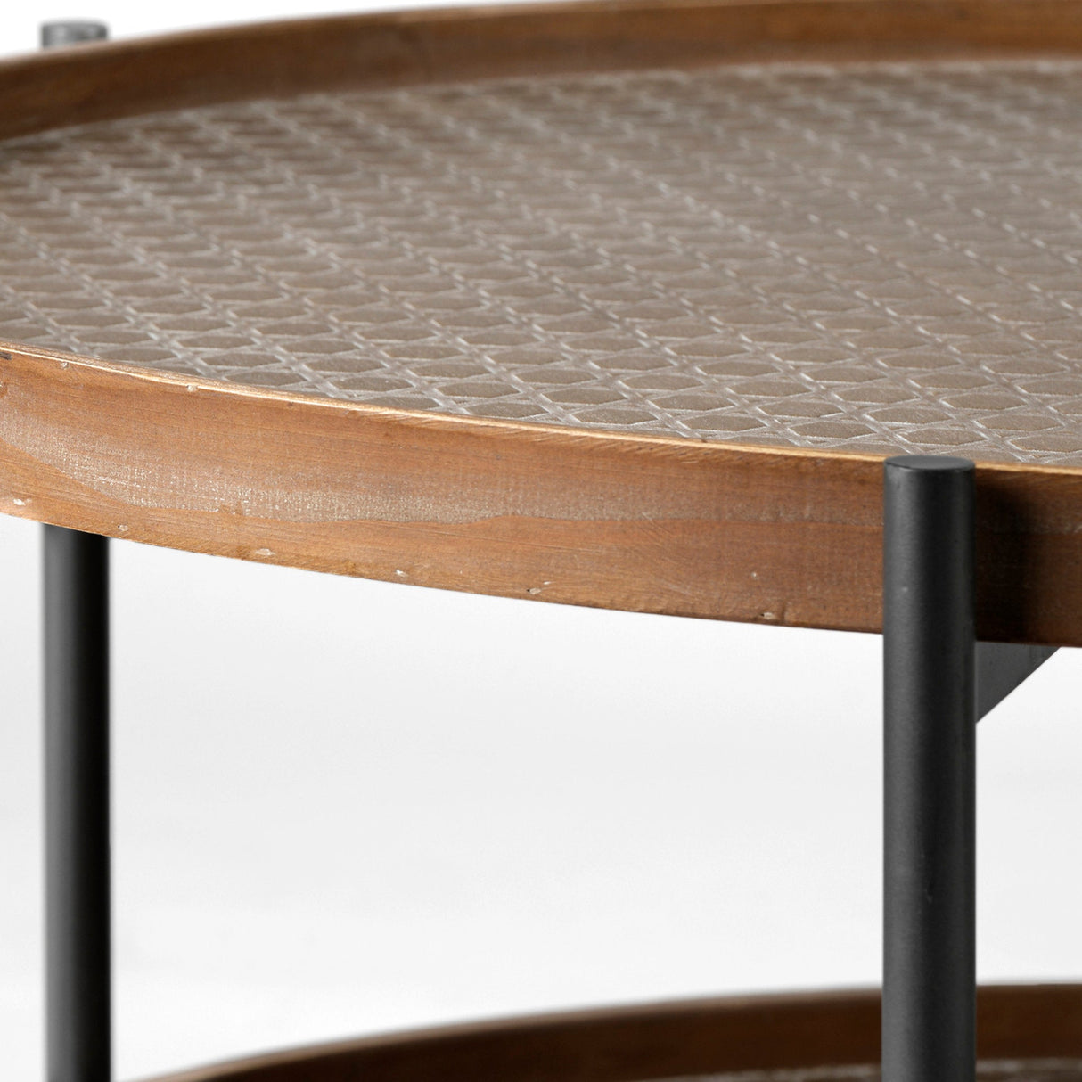 Kade Round Brown Table Gray Metal Frame Two-Tier Coffee Table by Mercana at Eve Furniture