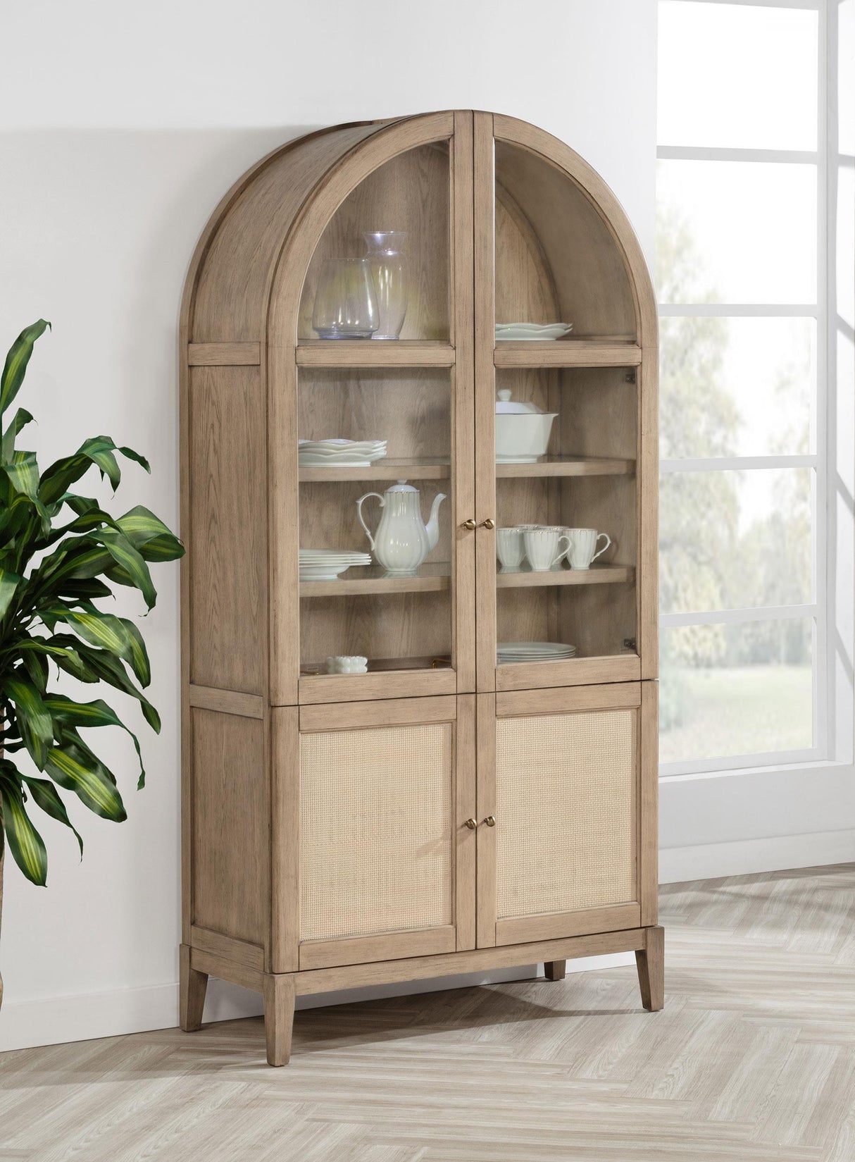 Kailani Beige Oak 4-Door Cane Dining Vitrine Display Cabinet by Coaster at Eve Furniture