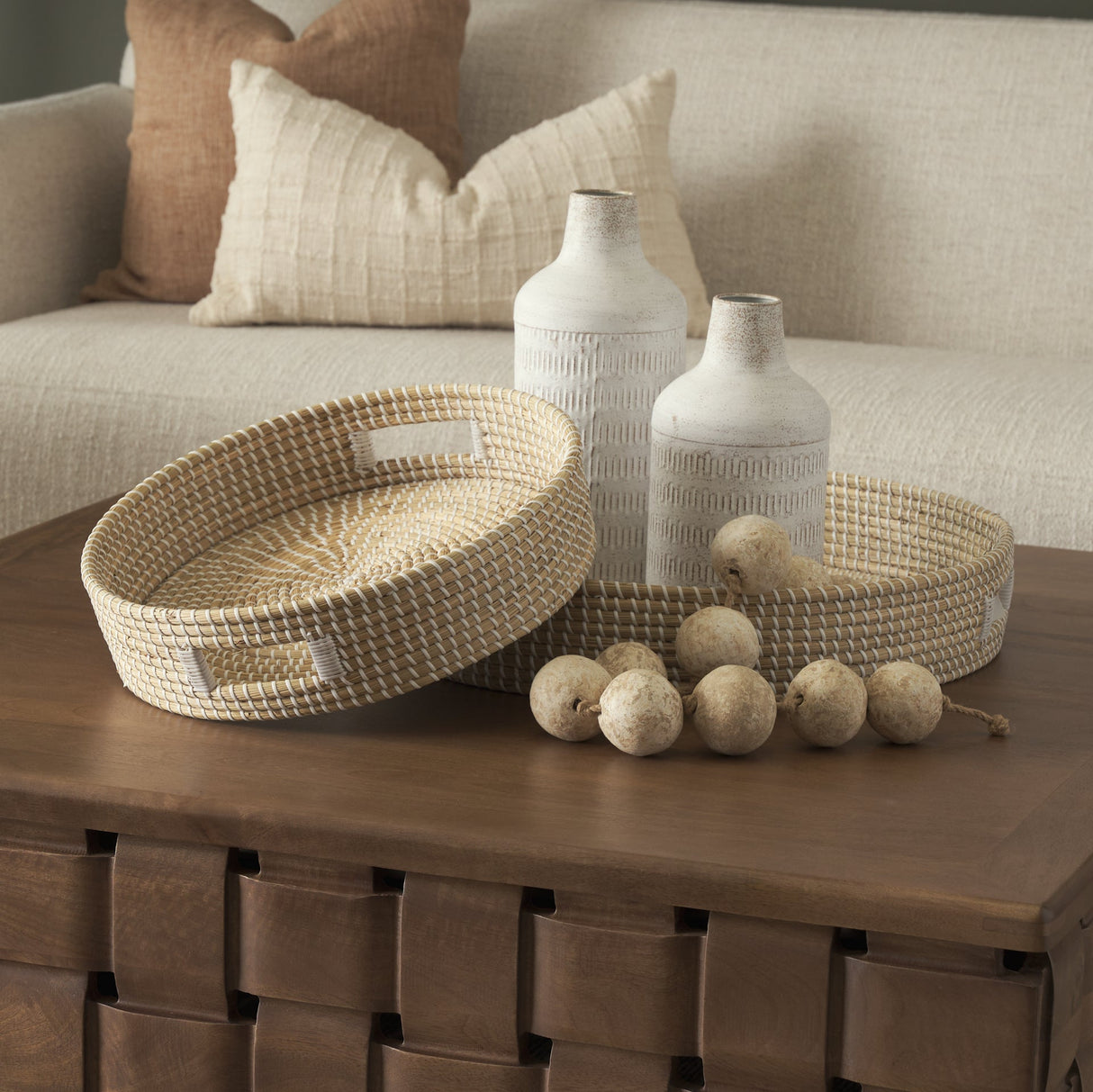Kalama Set of 2 Large Round Seagrass Trays w/ Handles by Mercana at Eve Furniture