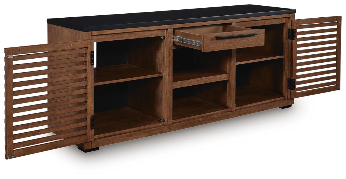 Kallari Warm Brown and Matte Black 2 Door Credenza by Ashley at Eve Furniture
