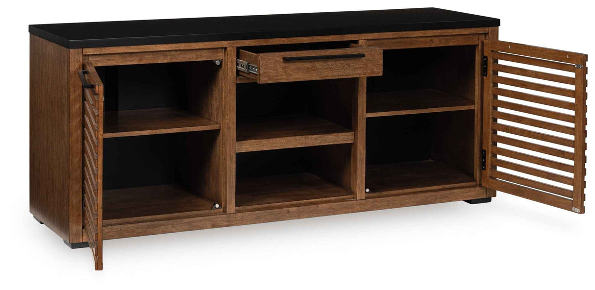 Kallari Warm Brown and Matte Black 2 Door Credenza by Ashley at Eve Furniture