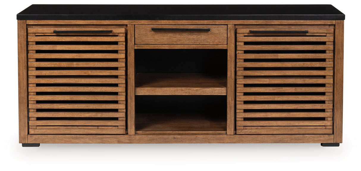 Kallari Warm Brown and Matte Black 2 Door Credenza by Ashley at Eve Furniture