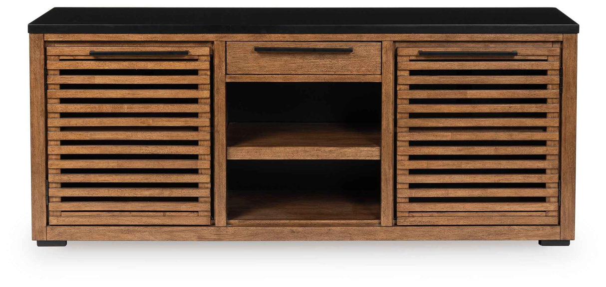 Kallari Warm Brown and Matte Black 2 Door Credenza by Ashley at Eve Furniture