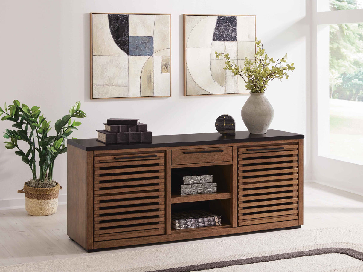 Kallari Warm Brown and Matte Black 2 Door Credenza by Ashley at Eve Furniture