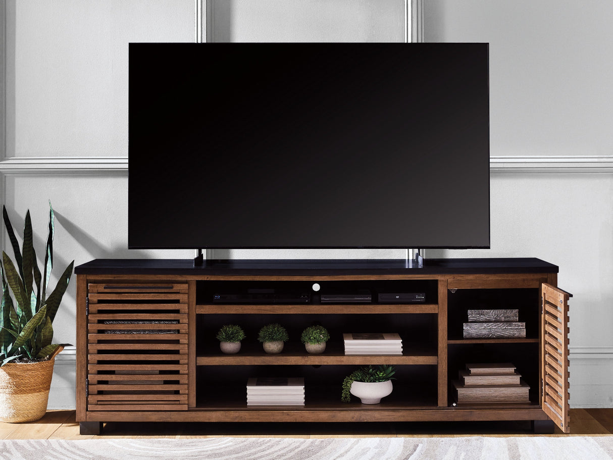 Kallari Warm Brown/Black 84" TV Stand by Ashley at Eve Furniture