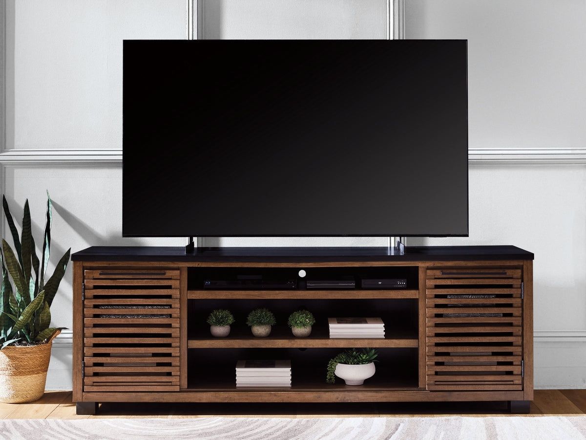 Kallari Warm Brown/Black 84" TV Stand by Ashley at Eve Furniture