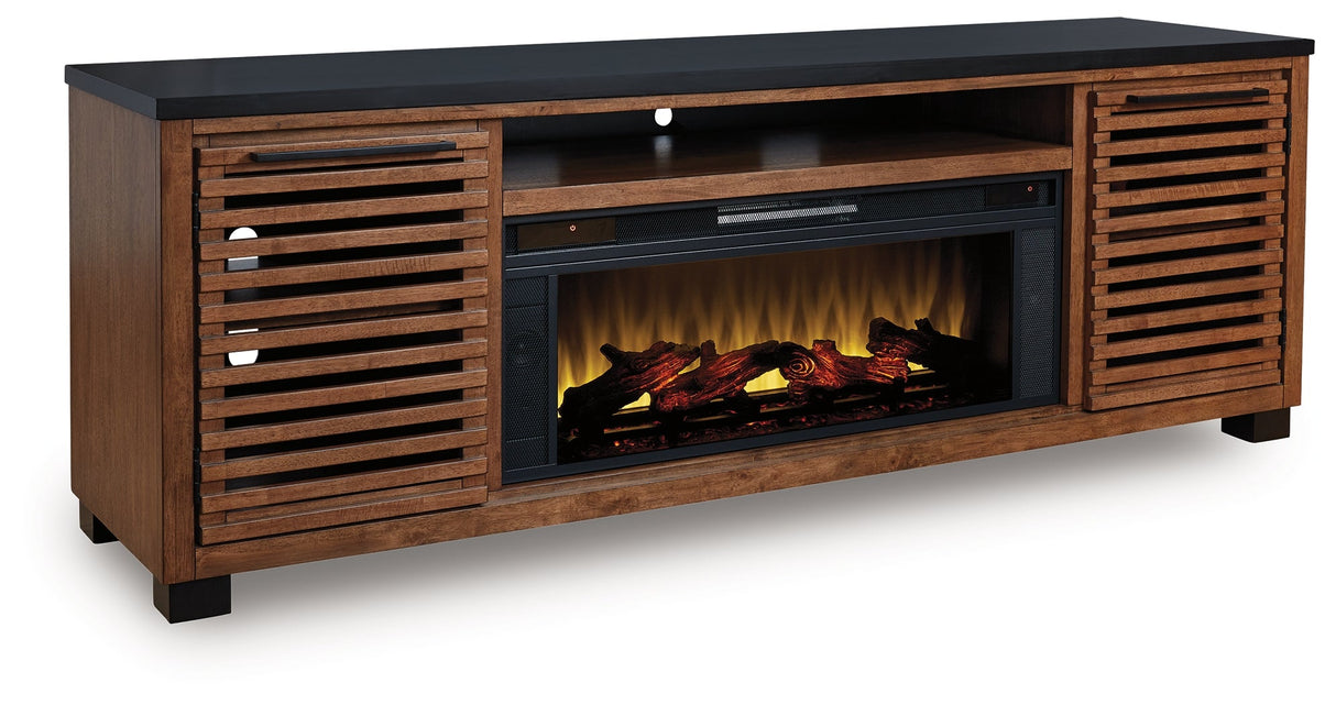 Kallari Warm Brown/Black 84" TV Stand with Electric Fireplace by Ashley at Eve Furniture