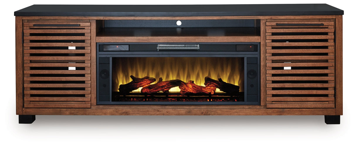 Kallari Warm Brown/Black 84" TV Stand with Electric Fireplace by Ashley at Eve Furniture