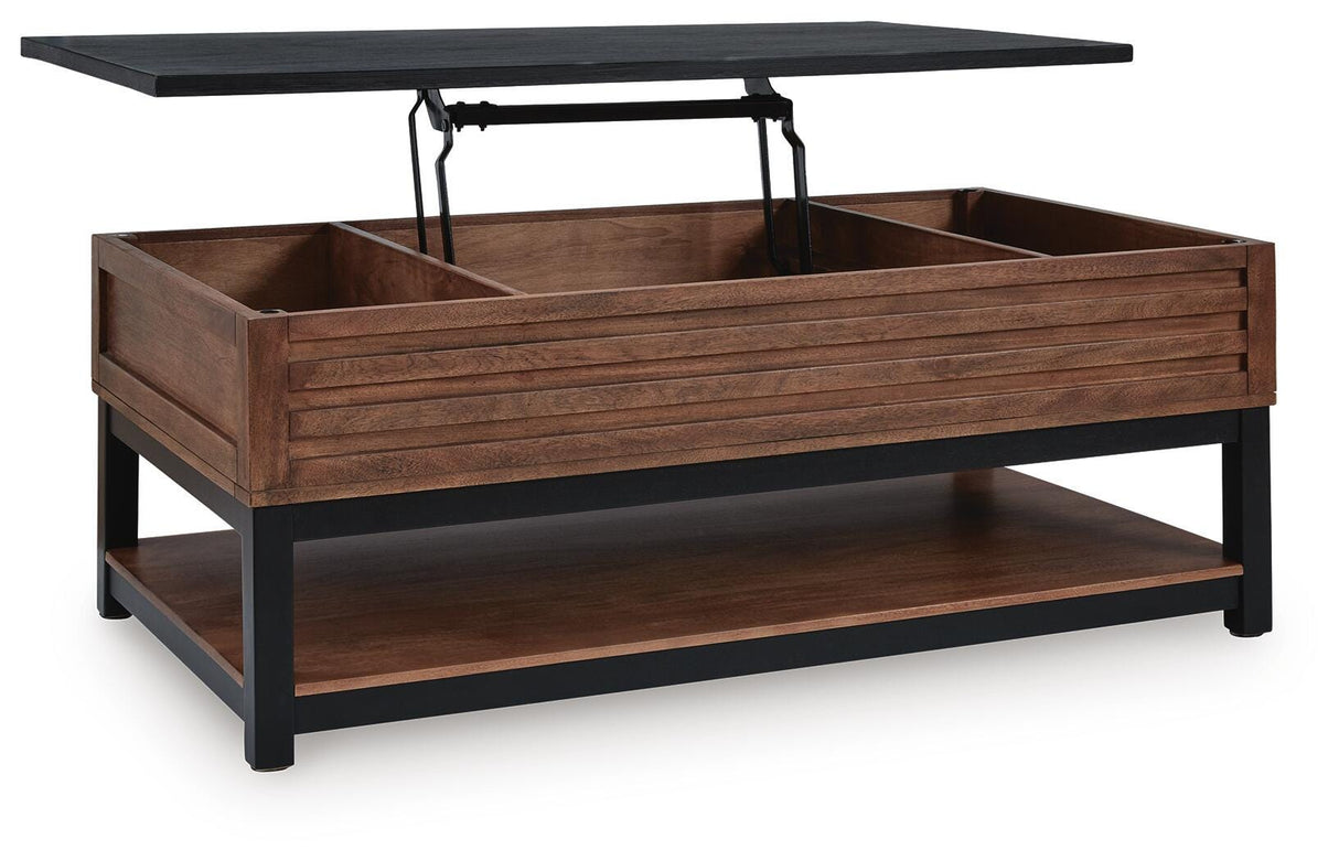 Kallari Warm Brown/Black Lift-Top Coffee Table and 2 End Tables by Ashley at Eve Furniture