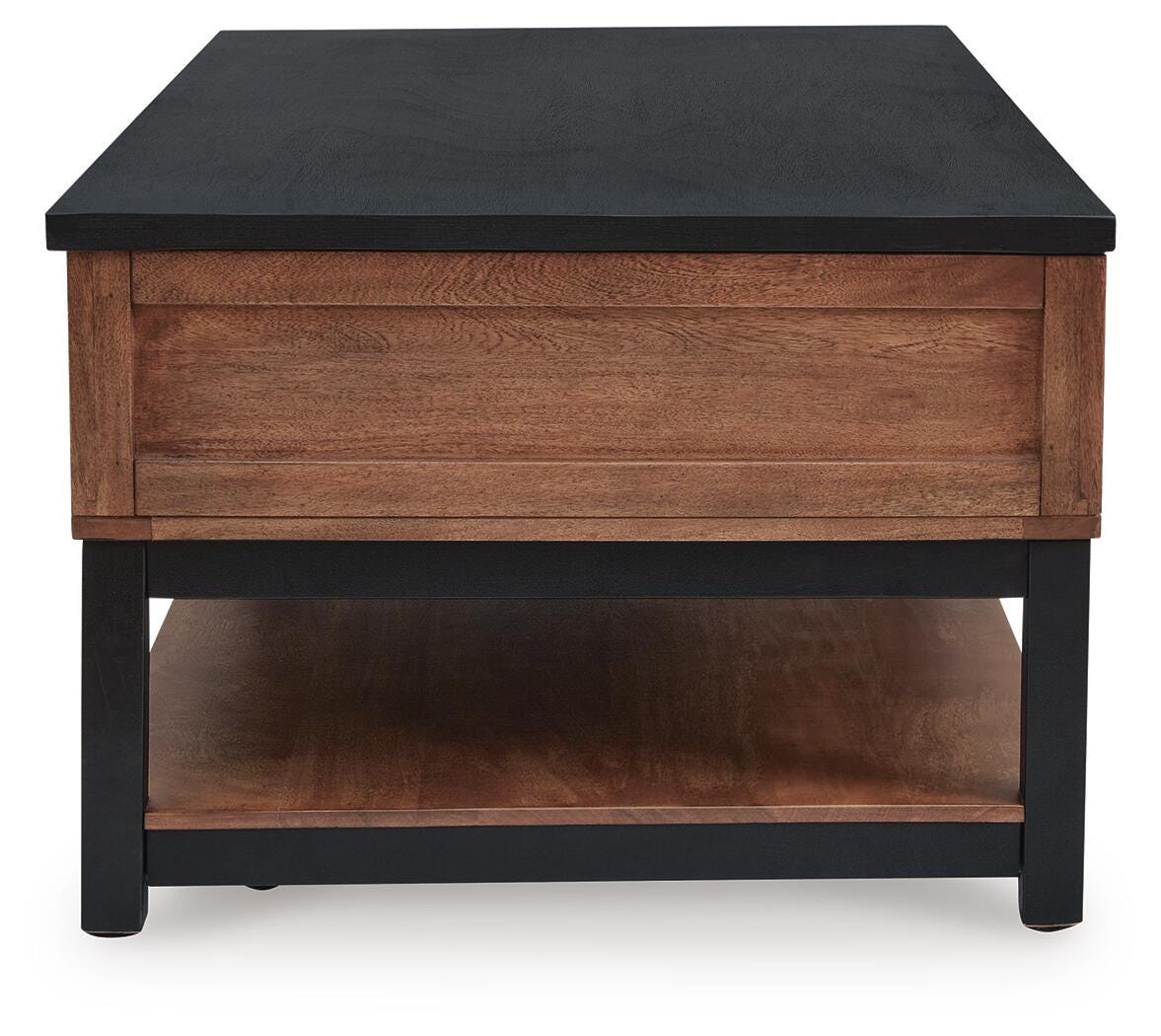 Kallari Warm Brown/Black Lift-Top Coffee Table and 2 End Tables by Ashley at Eve Furniture