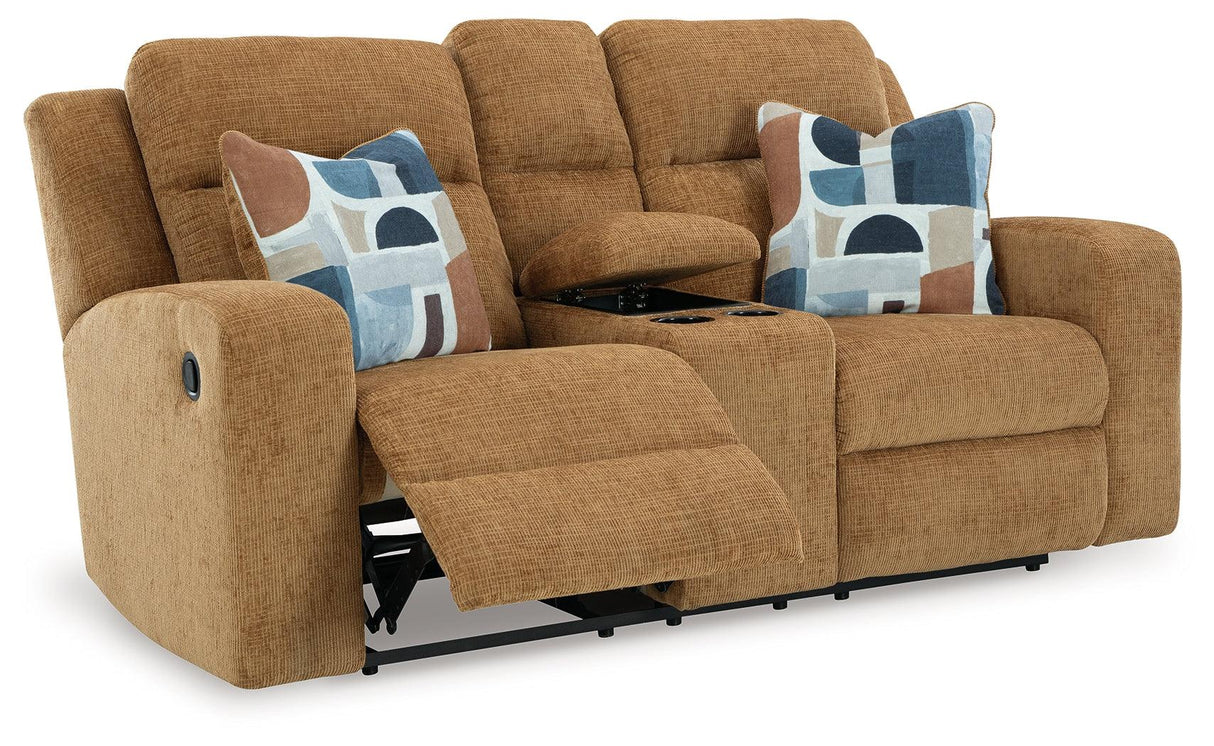 Kanlow Honey Manual Reclining Loveseat with Console by Ashley at Eve Furniture
