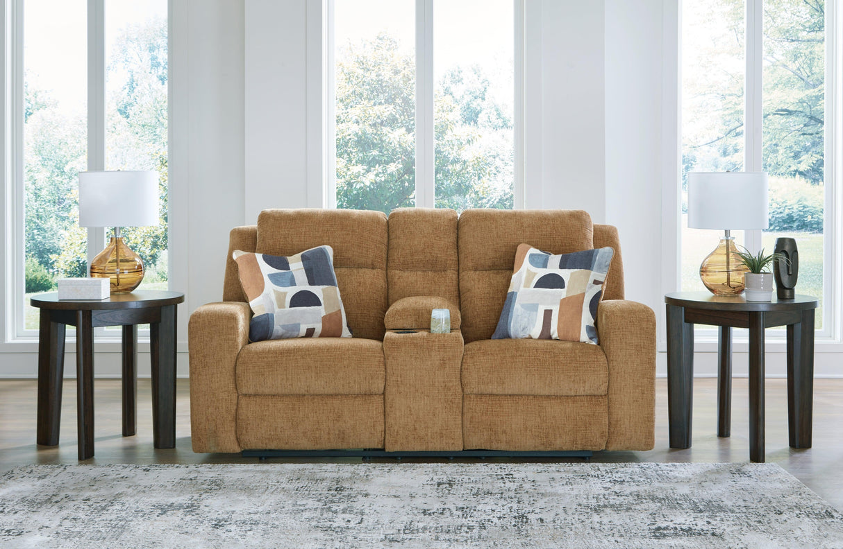 Kanlow Honey Manual Reclining Loveseat with Console by Ashley at Eve Furniture