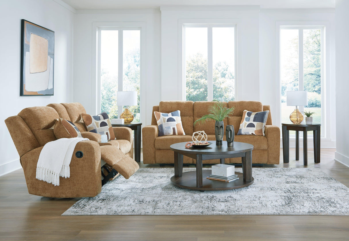 Kanlow Honey Manual Reclining Sofa and Loveseat by Ashley at Eve Furniture