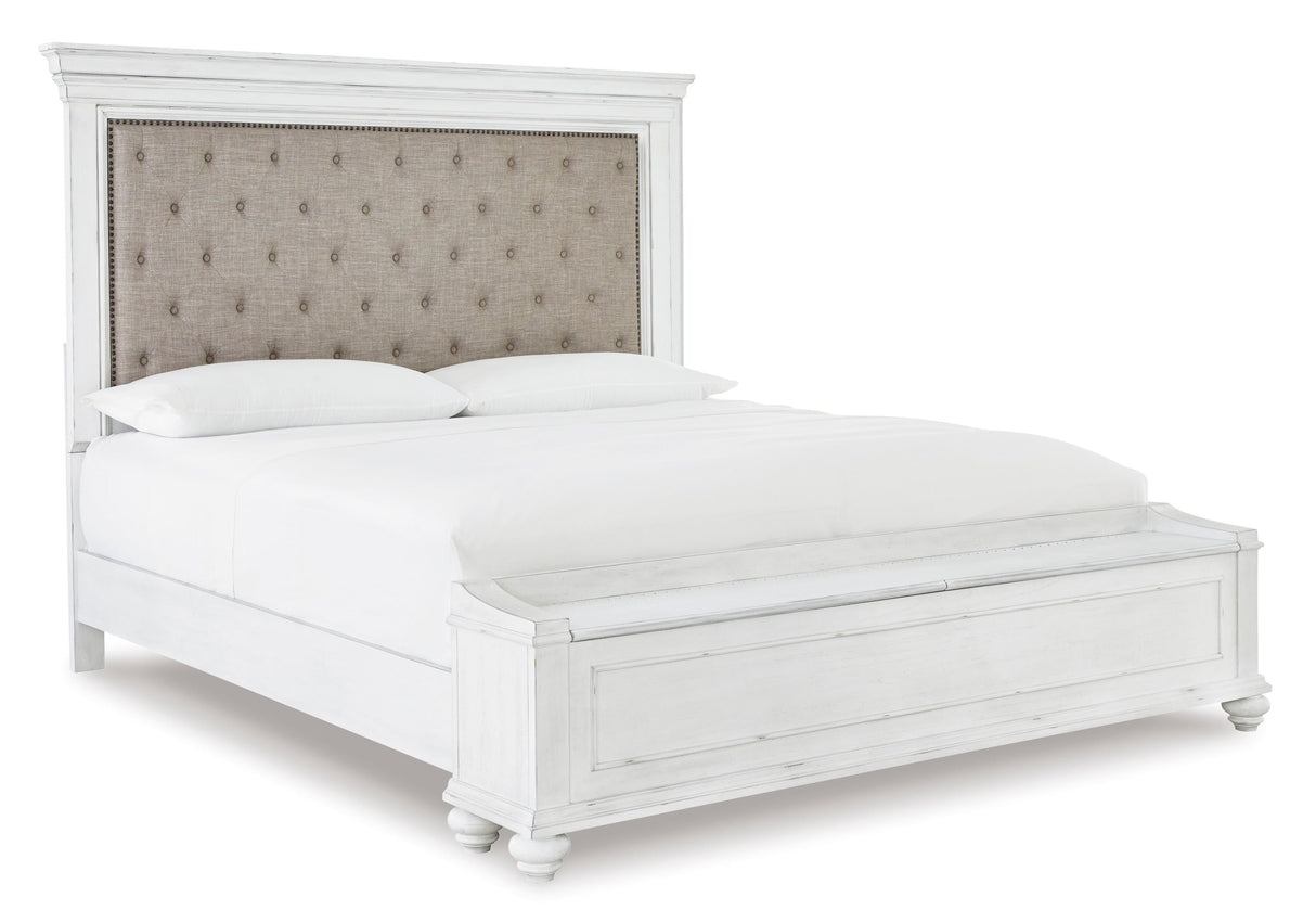 Kanwyn Whitewash Queen Upholstered Panel Bed with Storage Bench by Ashley at Eve Furniture