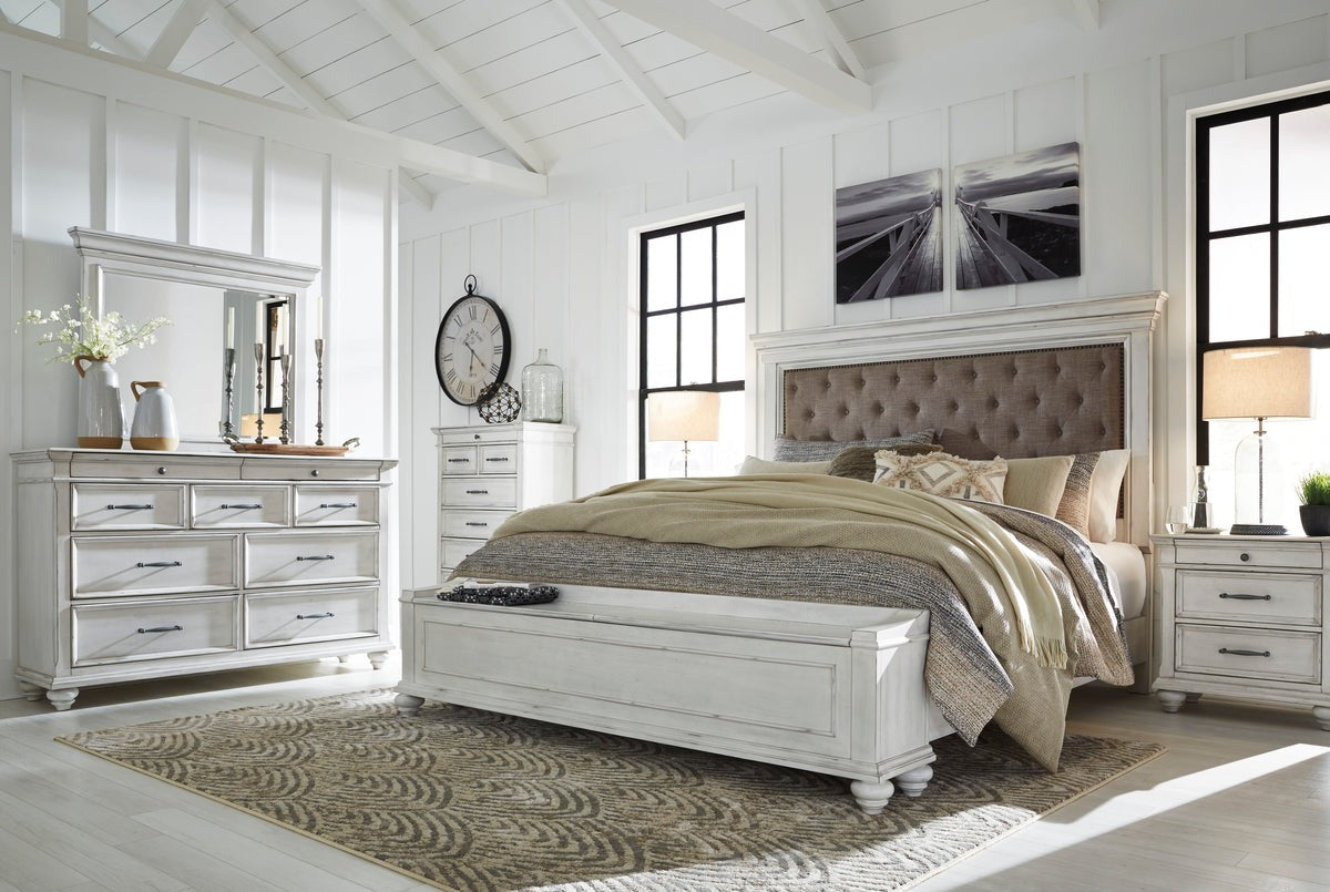 Kanwyn Whitewash Queen Upholstered Panel Bed with Storage Bench by Ashley at Eve Furniture
