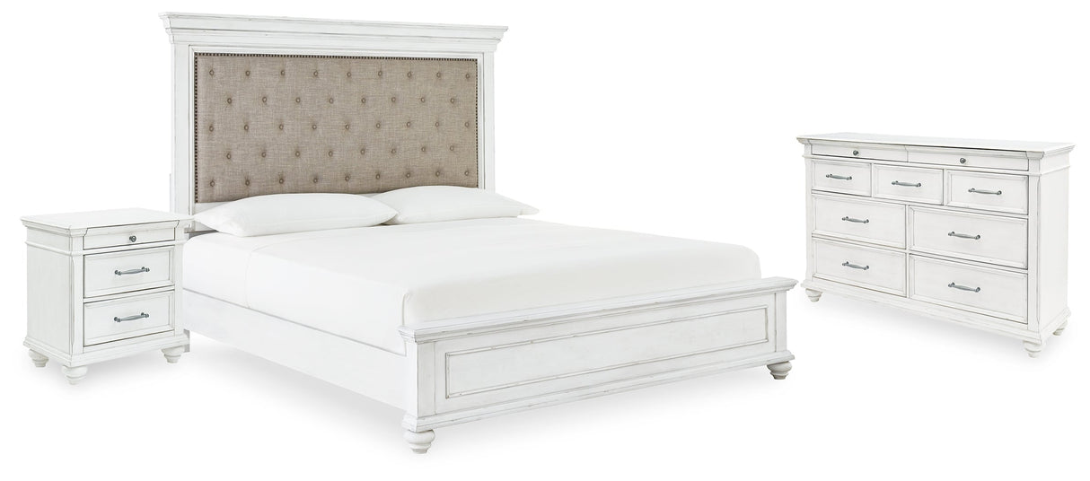 Kanwyn Whitewash Upholstered Panel Bedroom Set by Ashley at Eve Furniture