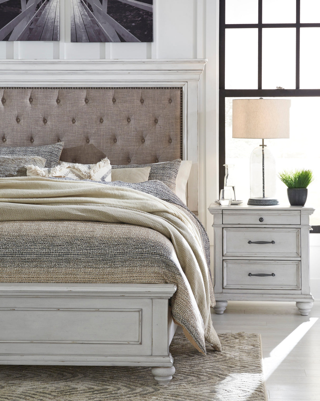 Kanwyn Whitewash Upholstered Panel Bedroom Set by Ashley at Eve Furniture