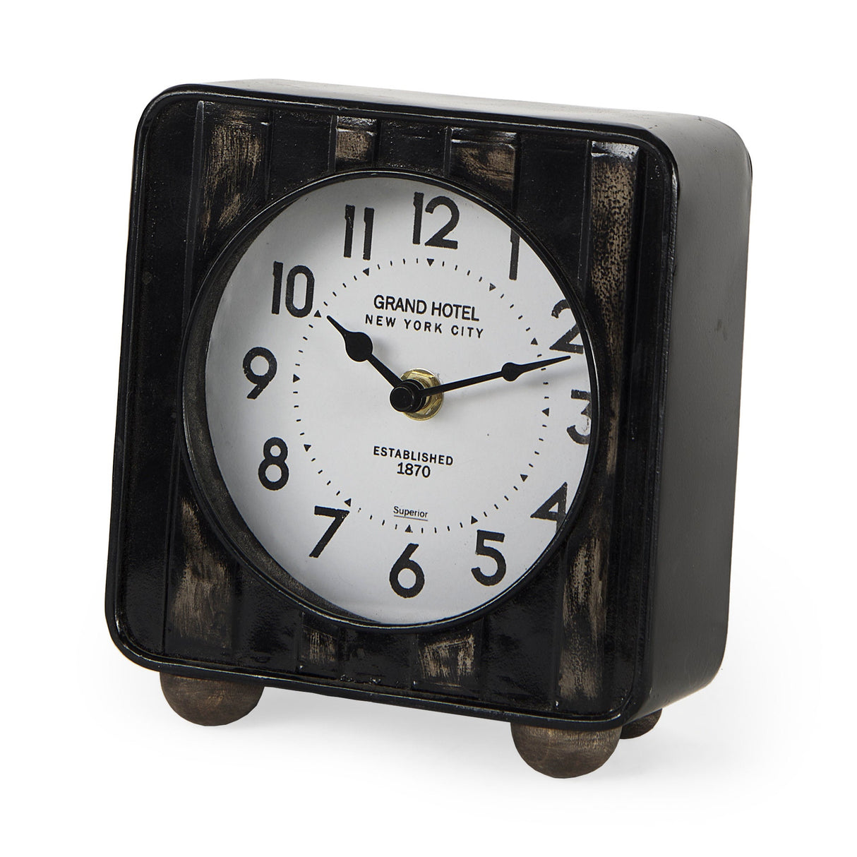 Karl 6.0L x 3.0W x 6.8H Rustic Black Iron Rounded Square Table Clock by Mercana at Eve Furniture