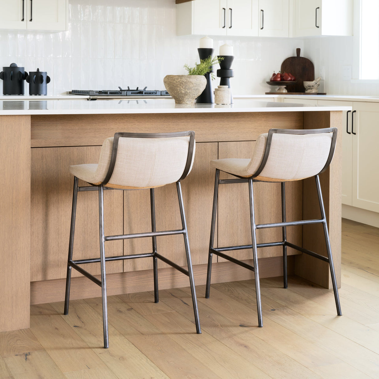 Kavalan 33.5" Total Height Beige Upholstered Seat Gray Metal Frame Counter Stool by Mercana at Eve Furniture