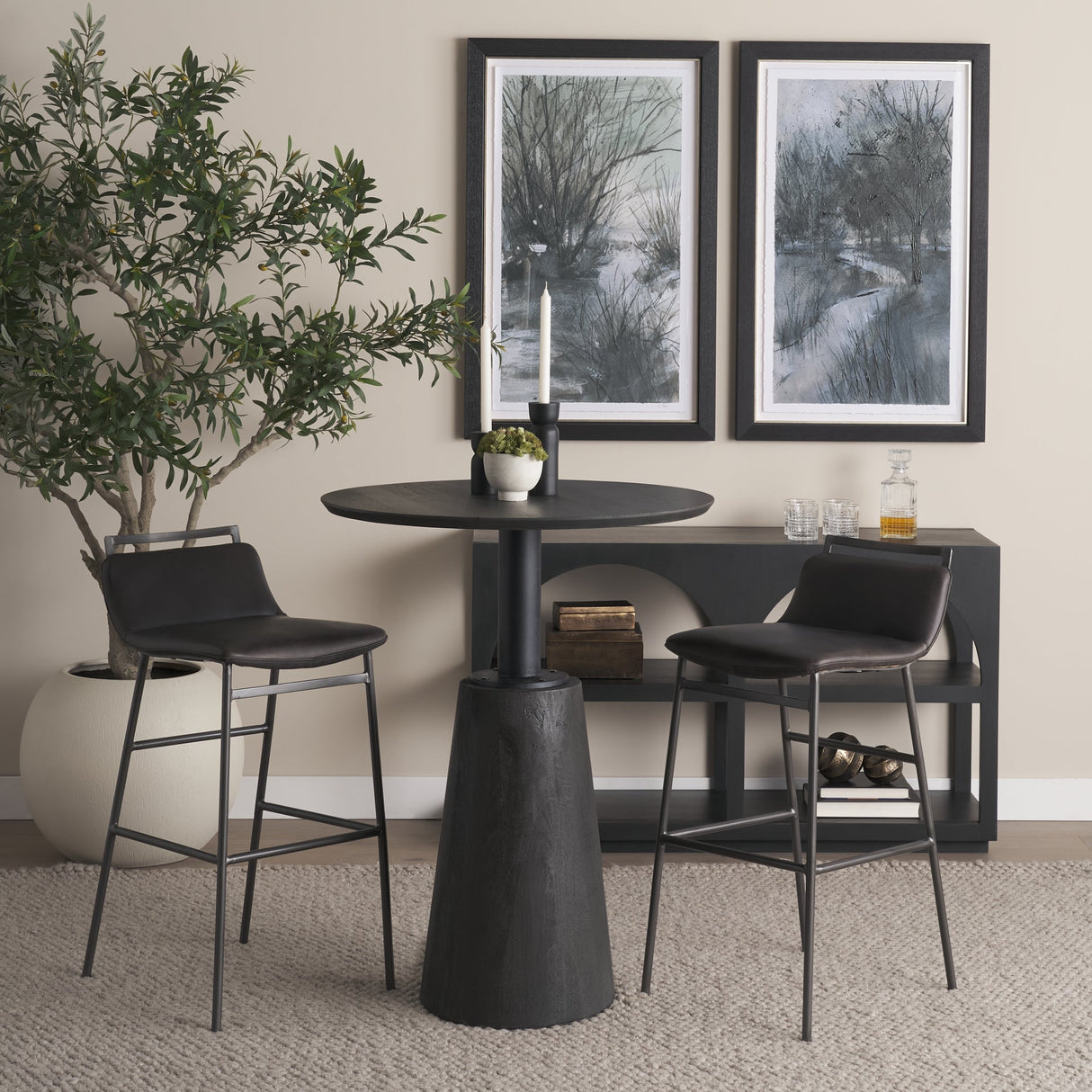 Kavalan Ebony Leather Seat Black Metal Frame Bar Stool by Mercana at Eve Furniture