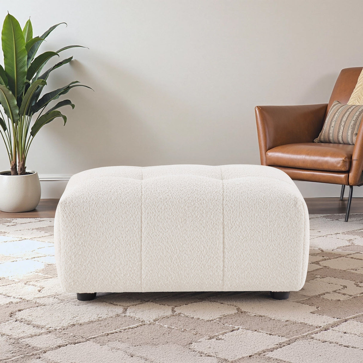 Kaynes Chic Tufted Ivory Boucle Ottoman by Ashcroft Furniture at Eve Furniture