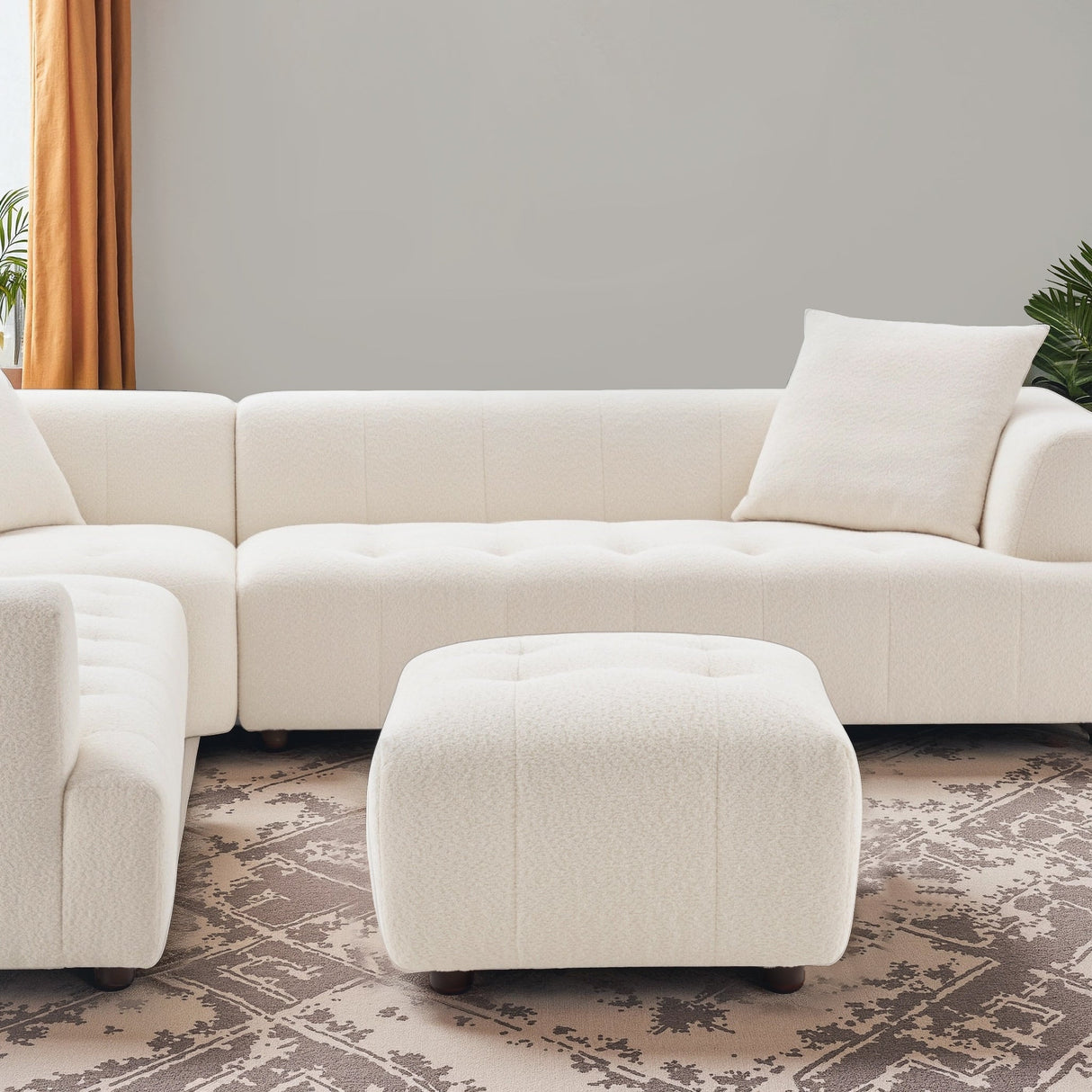 Kaynes Chic Tufted Ivory Boucle Ottoman by Ashcroft Furniture at Eve Furniture
